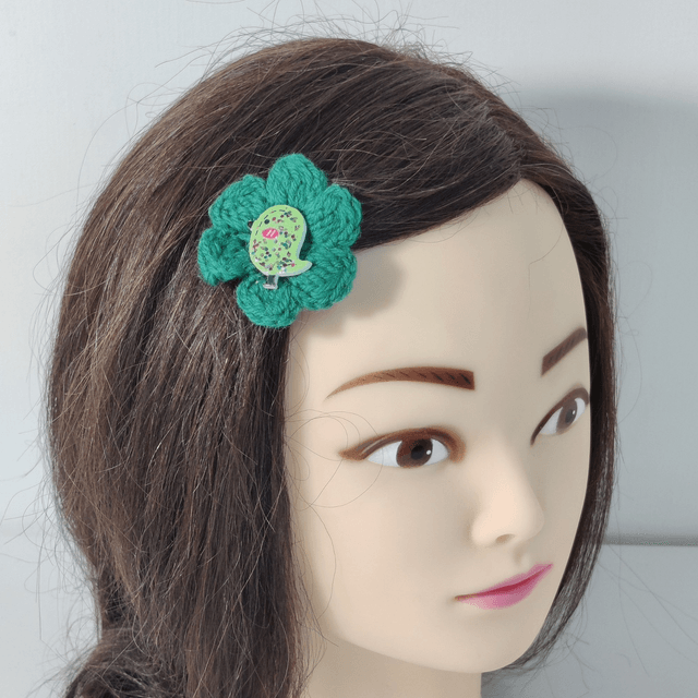 Barrette fleur simple vert foncé crochet bouton oiseau pince crocodile