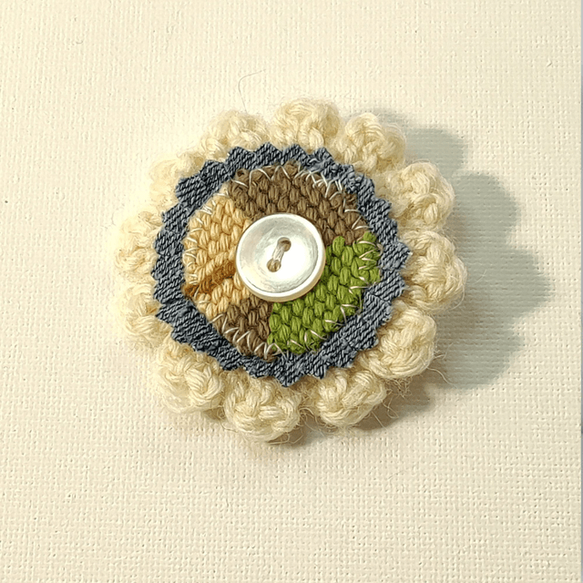 Barrette fleur crochet, jeans, canevas et bouton pince croco