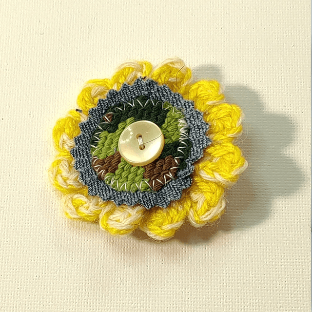 Barrette fleur crochet, jeans, canevas et bouton pince croco