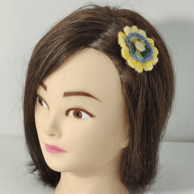 Barrette fleur crochet, jeans, canevas et bouton pince croco