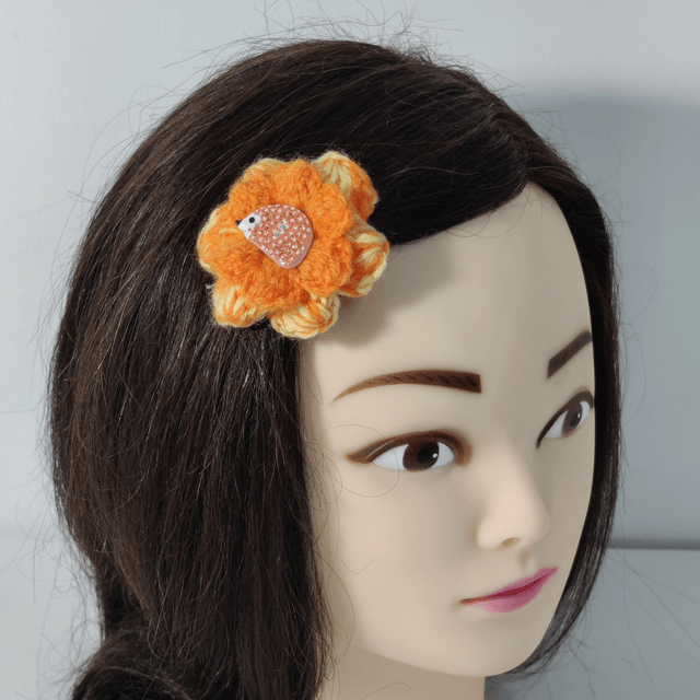 Barrette fleur double jaune orange crochet bouton hérisson pince crocodile