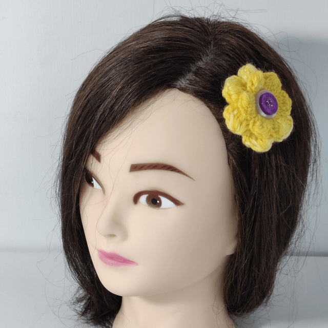 Barrette fleur double jaune crochet bouton rose violet pince crocodile