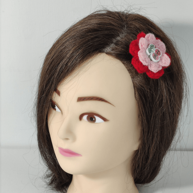 Barrette fleur double rouge rose crochet bouton cerise pince crocodile