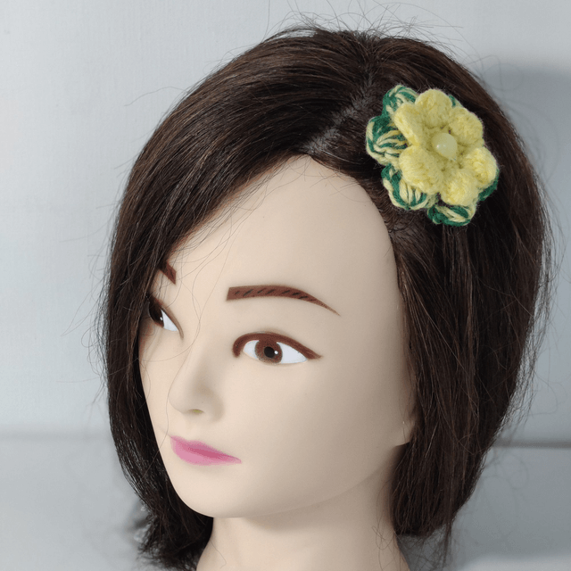 Barrette fleur double vert jaune crochet bouton jaune pince crocodile