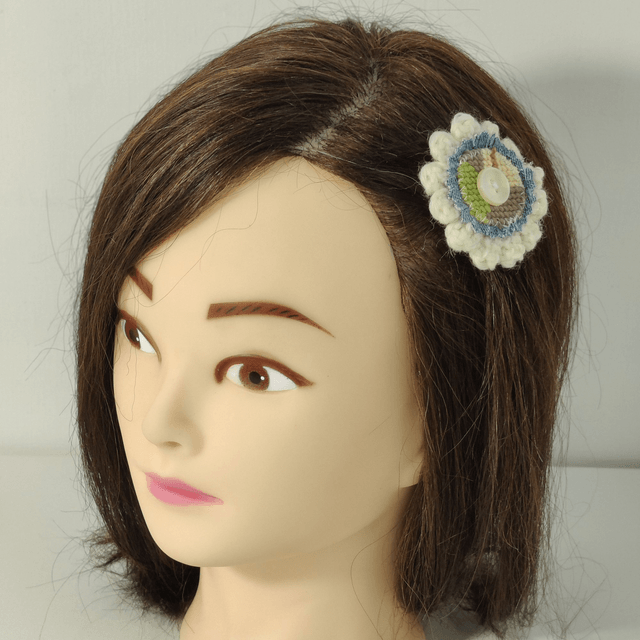 Barrette fleur crochet, jeans, canevas et bouton pince croco