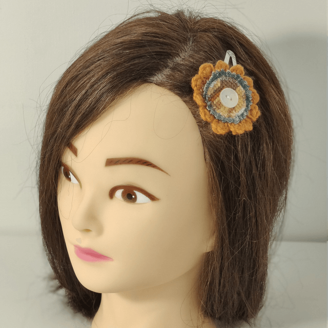 Barrette fleur crochet, jeans, canevas, bouton clic-clac