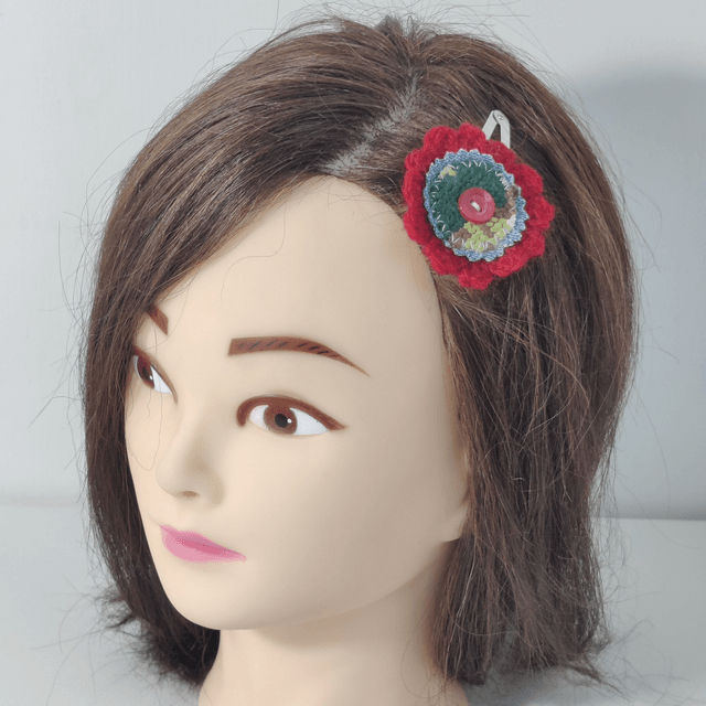 Barrette fleur crochet, jeans, canevas, bouton clic-clac