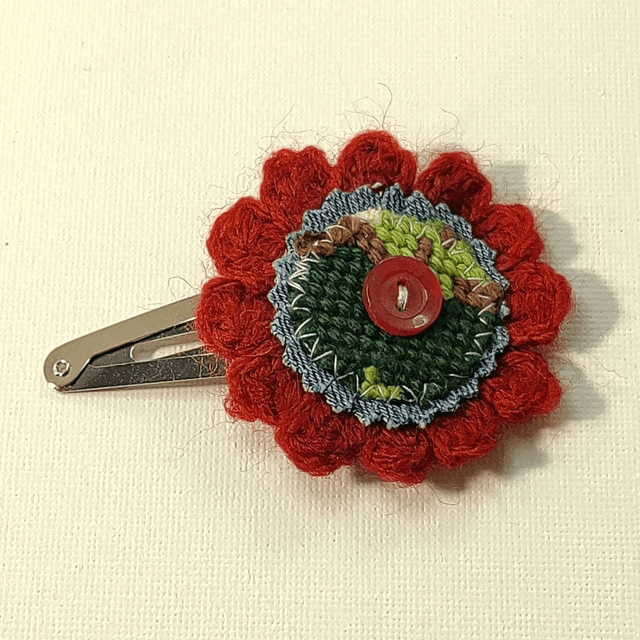 Barrette fleur crochet, jeans, canevas, bouton clic-clac