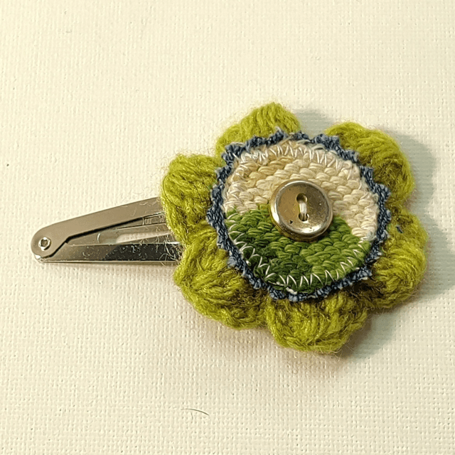 Barrette fleur crochet, jeans, canevas, bouton clic-clac