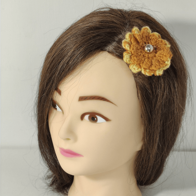 Barrette fleur double jaune caramel crochet bouton doré pince crocodile