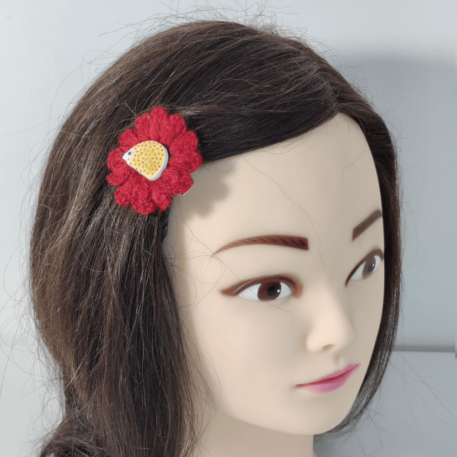 Barrette fleur simple rouge crochet bouton hérisson jaune pince crocodile